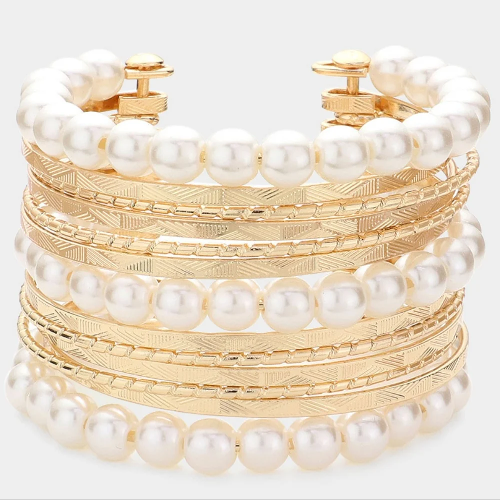 Gold Cream Pearl Layered Metal Cuff Bracelet Bangle Fashion Statement Accessory - Picture 3 of 3